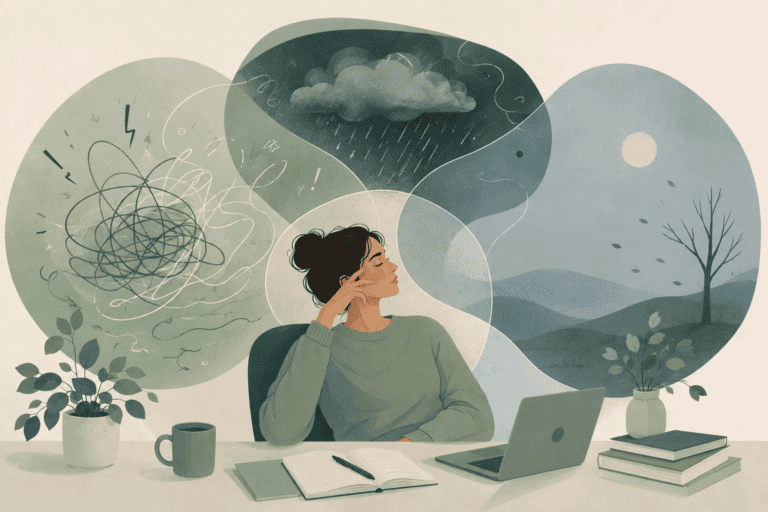 Illustration of a woman sitting at a desk surrounded by visual representations of stress, burnout, and depression.