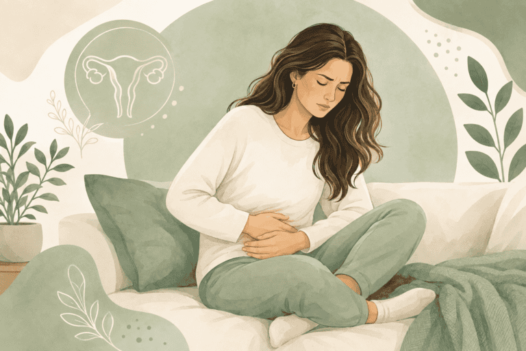Illustration of a woman sitting on a sofa and holding her lower abdomen while experiencing period symptoms.