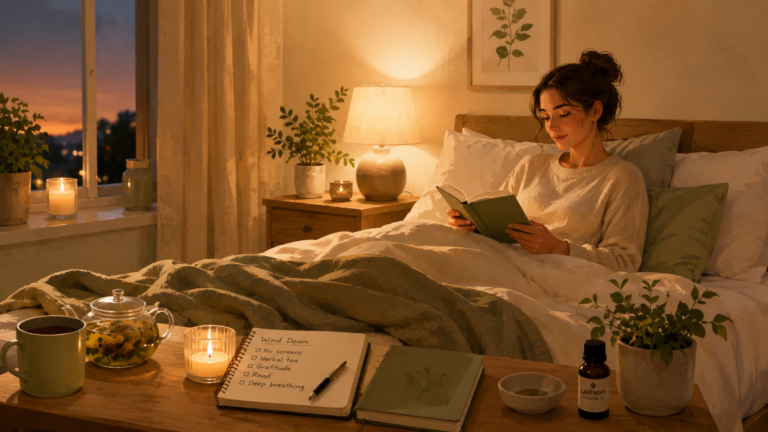 A woman reads a book in bed as part of a calm evening routine with warm lighting, herbal tea, and relaxing bedtime essentials.