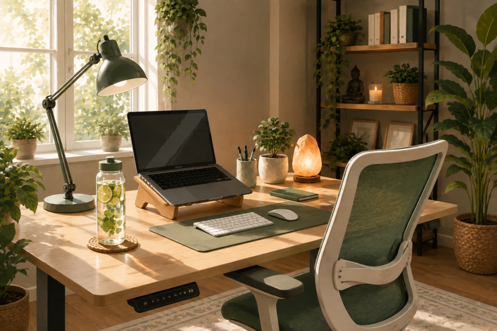 A thoughtfully organized home office features an ergonomic desk setup with natural light, indoor plants, and simple workspace essentials that support better posture, focus, and everyday well-being.