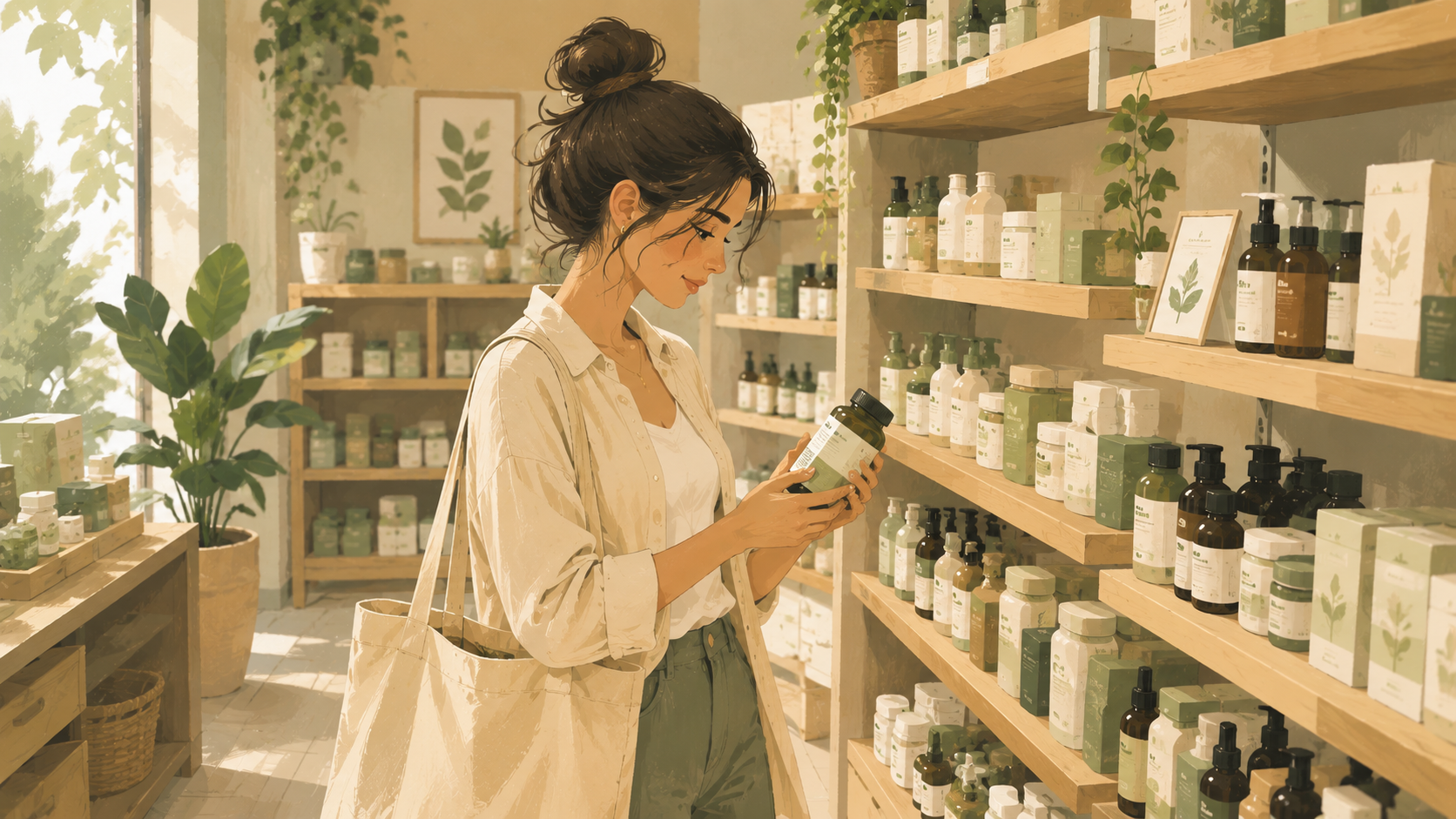 A woman browses wellness products at a market, thoughtfully comparing everyday health essentials in a bright, nature-inspired setting.