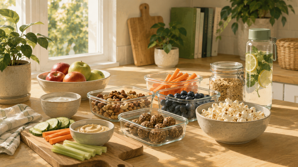 A variety of healthy everyday snacks, including fresh fruit, vegetables, nuts, yogurt, and homemade energy bites, are neatly arranged on a bright kitchen counter filled with natural light and plants.