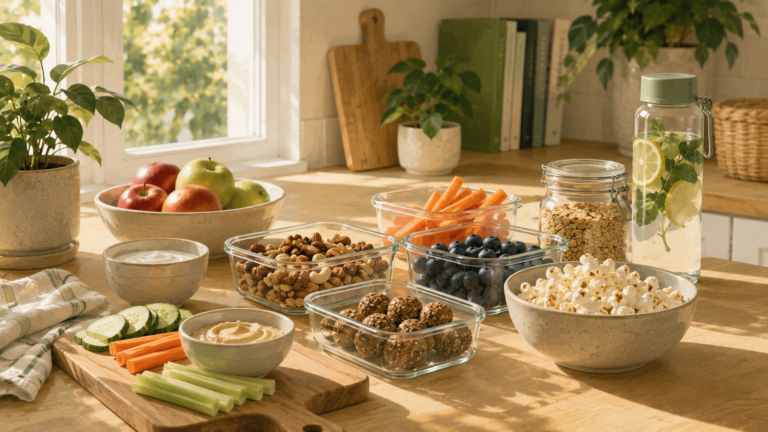 A variety of healthy everyday snacks, including fresh fruit, vegetables, nuts, yogurt, and homemade energy bites, are neatly arranged on a bright kitchen counter filled with natural light and plants.