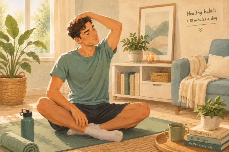 A young man stretches on a yoga mat in a warm, sunlit living room surrounded by plants and simple everyday wellness essentials.