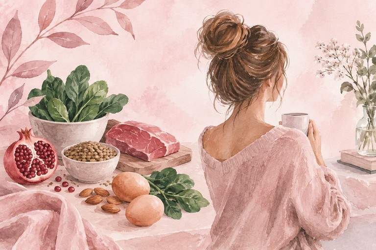Watercolor illustration of a woman surrounded by iron-rich foods, including leafy greens, lentils, eggs, and red meat.