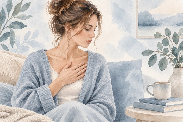 Watercolor illustration of a woman sitting on a sofa with her hand on her chest, representing chest tightness and discomfort.