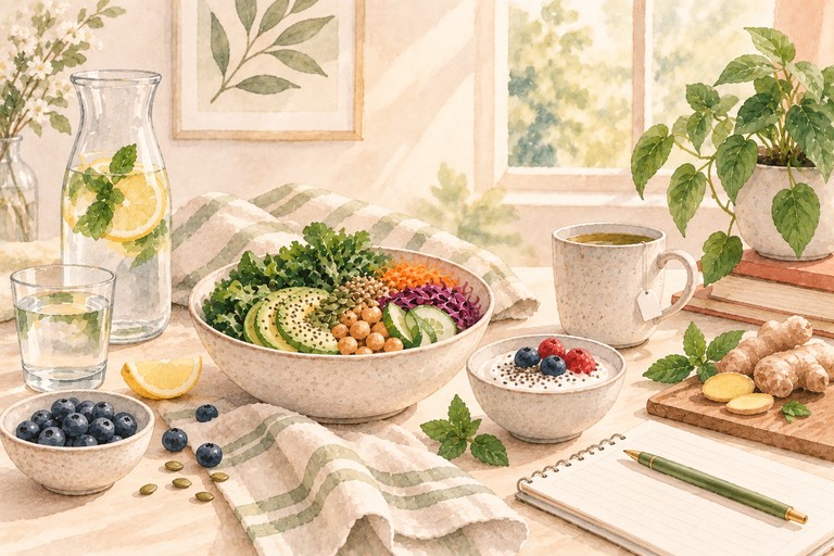 Watercolor illustration of a table with fiber-rich foods, yogurt, fruit, water, and other foods that support healthy digestion.