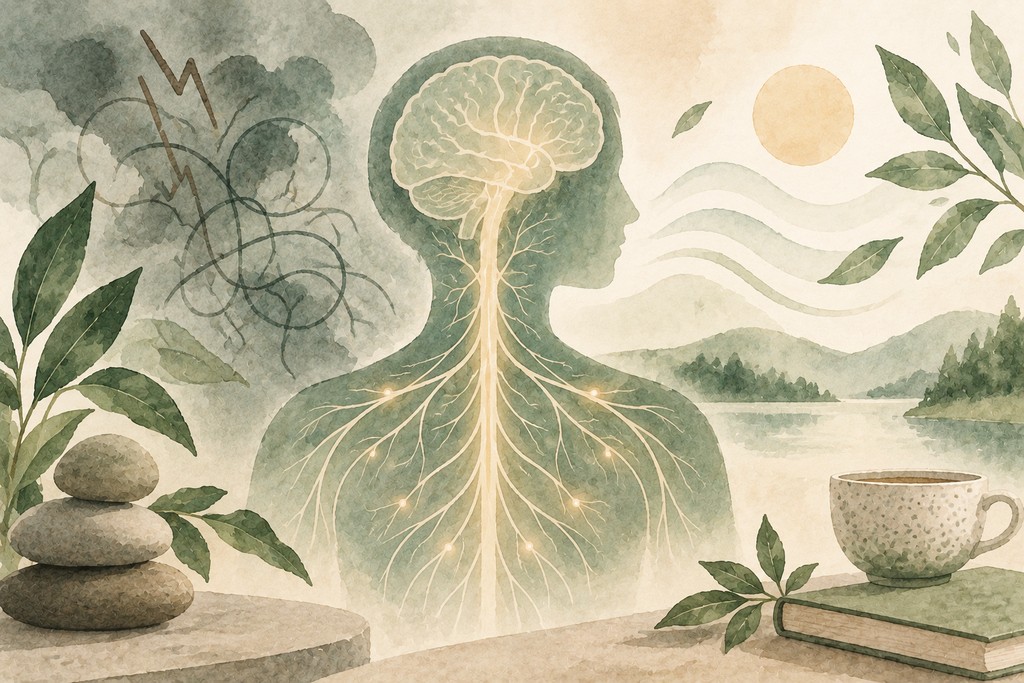 Watercolor illustration of the brain and nervous system transitioning from a stressed state to a calmer state, representing nervous system regulation.