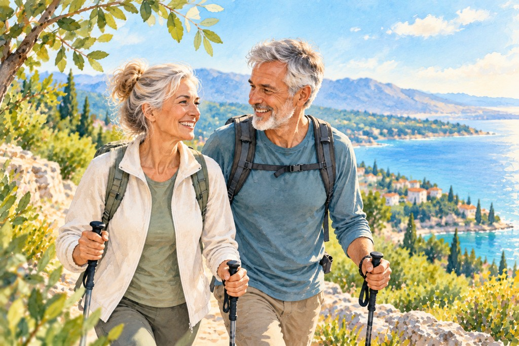 Watercolor illustration of a happy older couple hiking together on a sunny coastal trail, representing healthy aging and longevity.