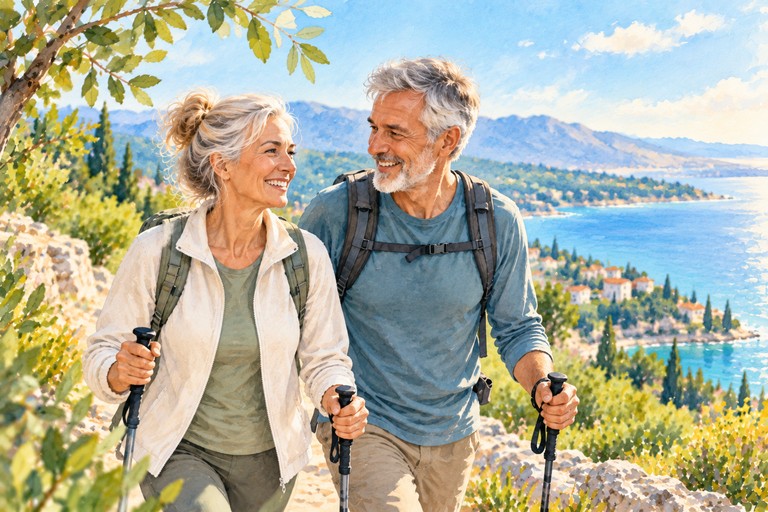 Watercolor illustration of a happy older couple hiking together on a sunny coastal trail, representing healthy aging and longevity.