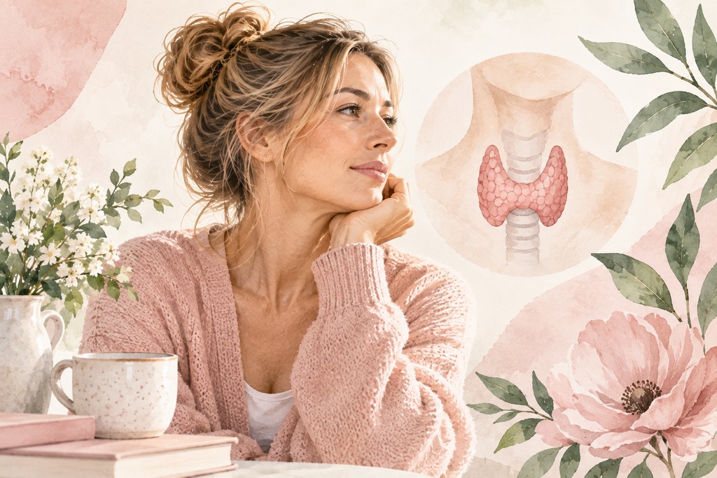 Watercolor illustration of a woman beside a thyroid gland symbol, representing thyroid health and women’s health.