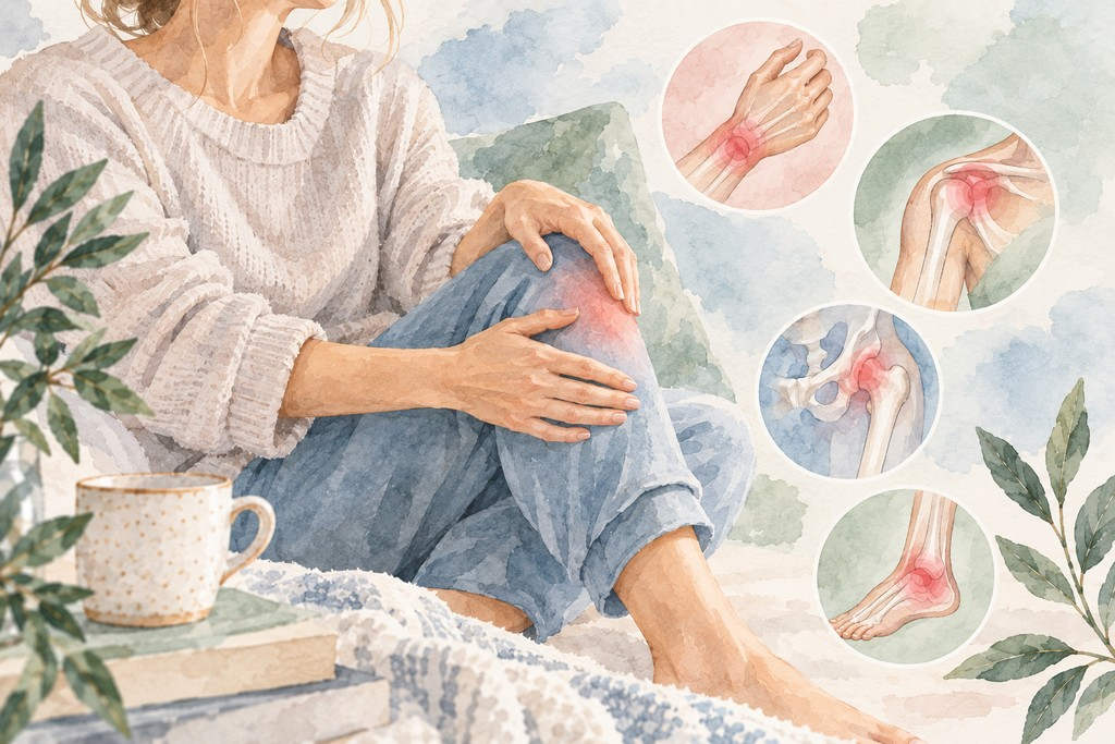 Watercolor illustration of a woman holding her aching knee, with smaller illustrations highlighting pain in the wrist, shoulder, hip, and ankle joints.