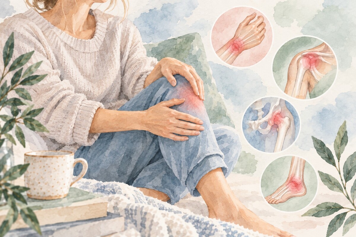Watercolor illustration of a woman holding her aching knee, with smaller illustrations highlighting pain in the wrist, shoulder, hip, and ankle joints.