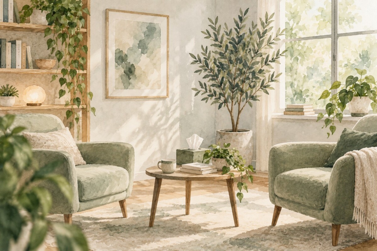 Watercolor illustration of a calm therapy office with two armchairs, plants, books, and soft natural light.