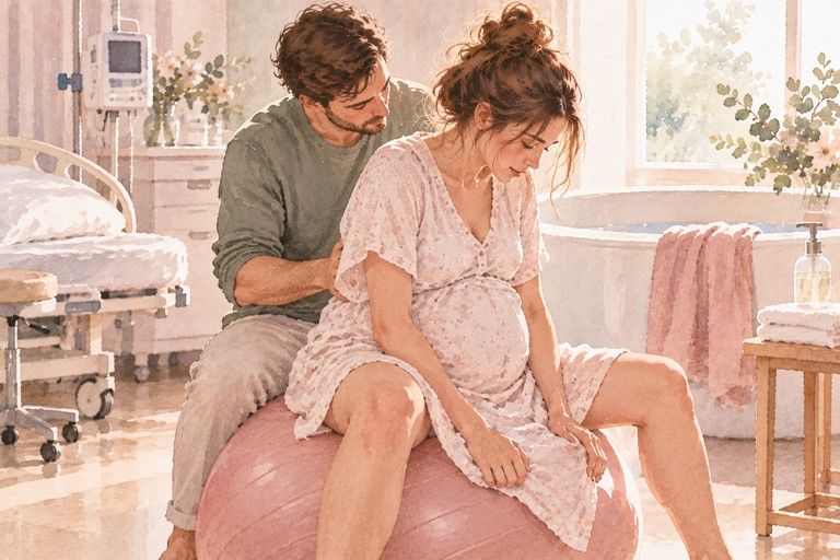 Soft editorial illustration representing the stages of labor and childbirth