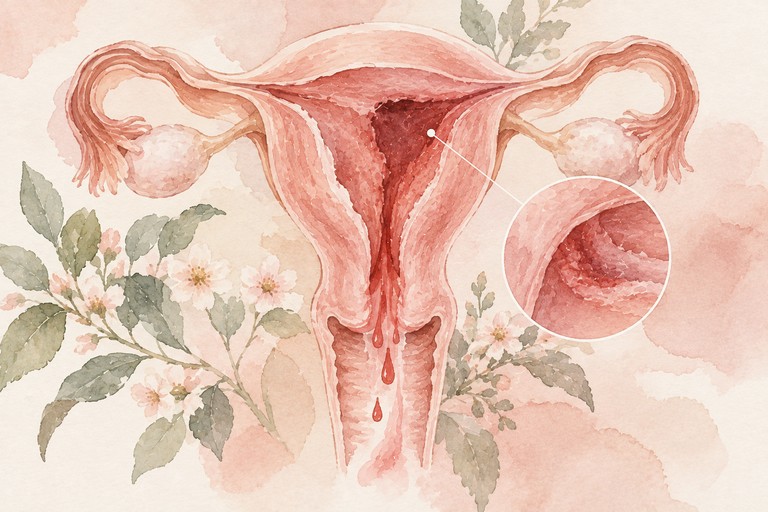 Soft editorial illustration representing postpartum bleeding and recovery after birth