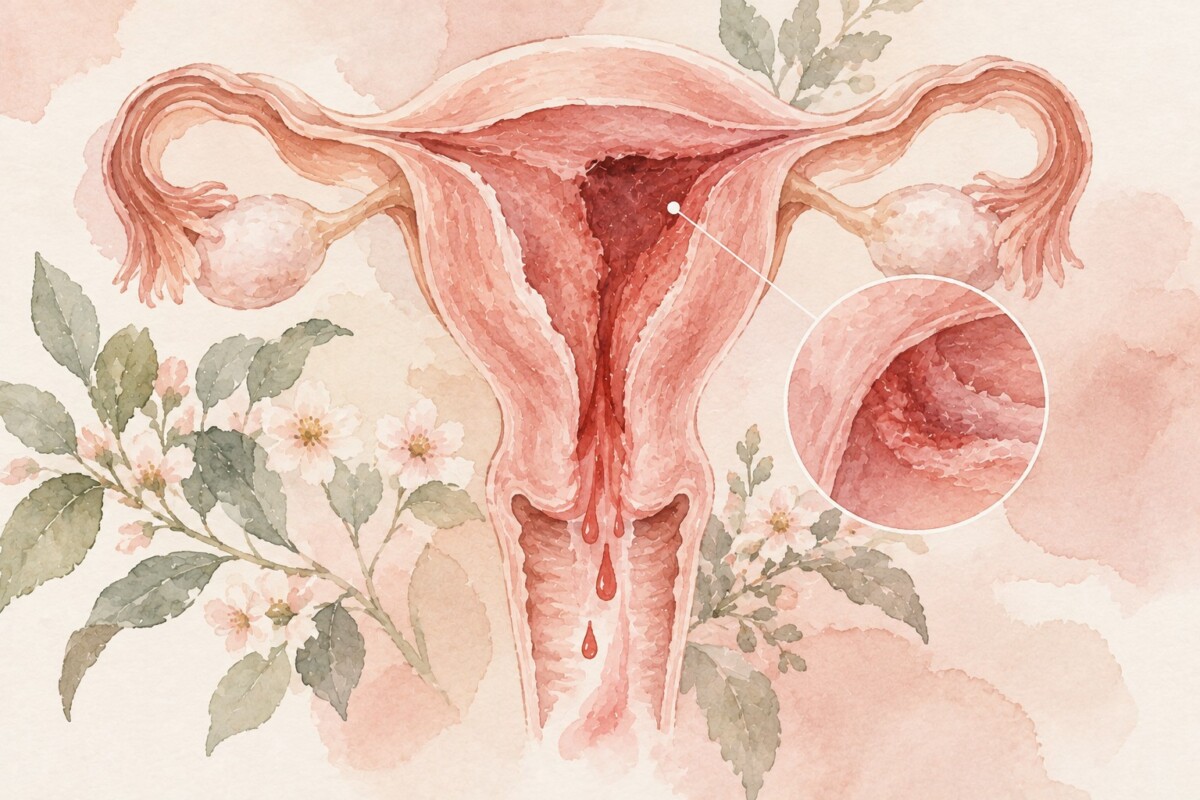 Soft editorial illustration representing postpartum bleeding and recovery after birth