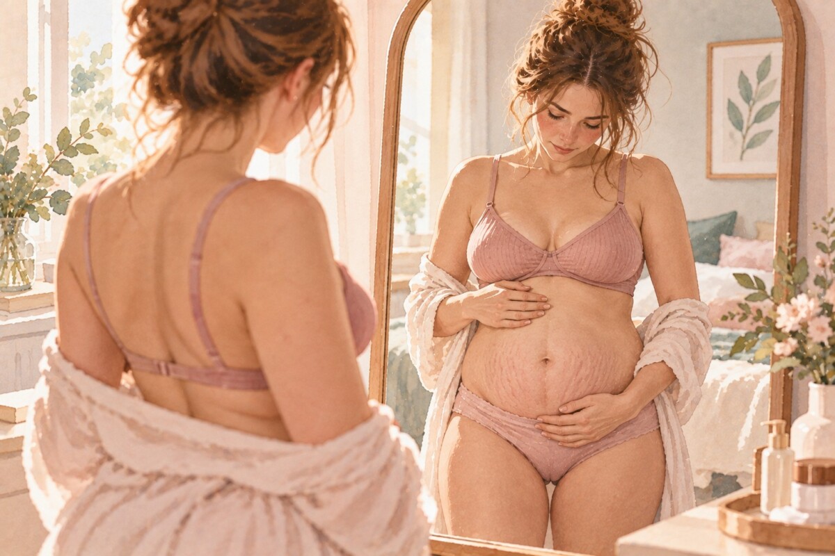 Soft editorial illustration representing postpartum body changes and recovery after childbirth