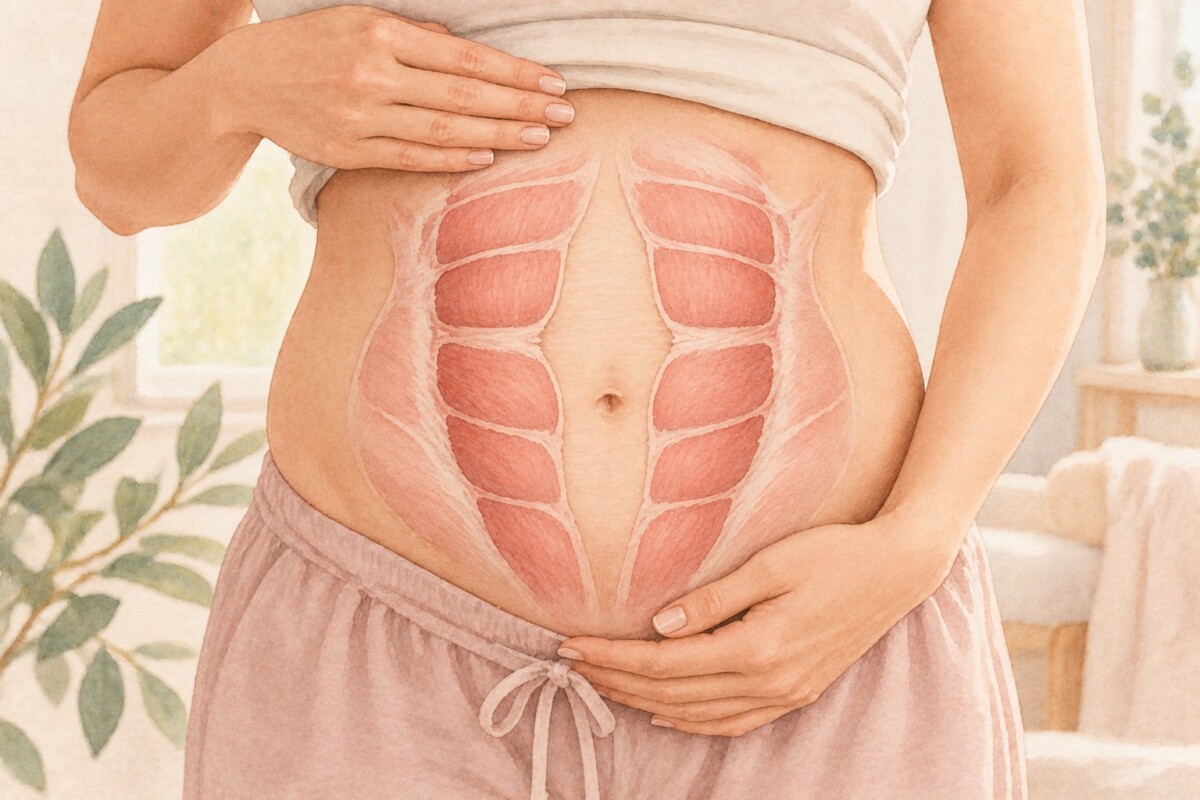 Soft editorial illustration representing diastasis recti and postpartum abdominal recovery