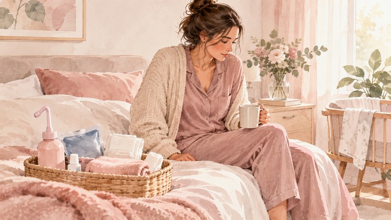 Watercolor illustration of a postpartum woman sitting carefully on a bed beside a basket of recovery supplies, including a peri bottle and cold pack.