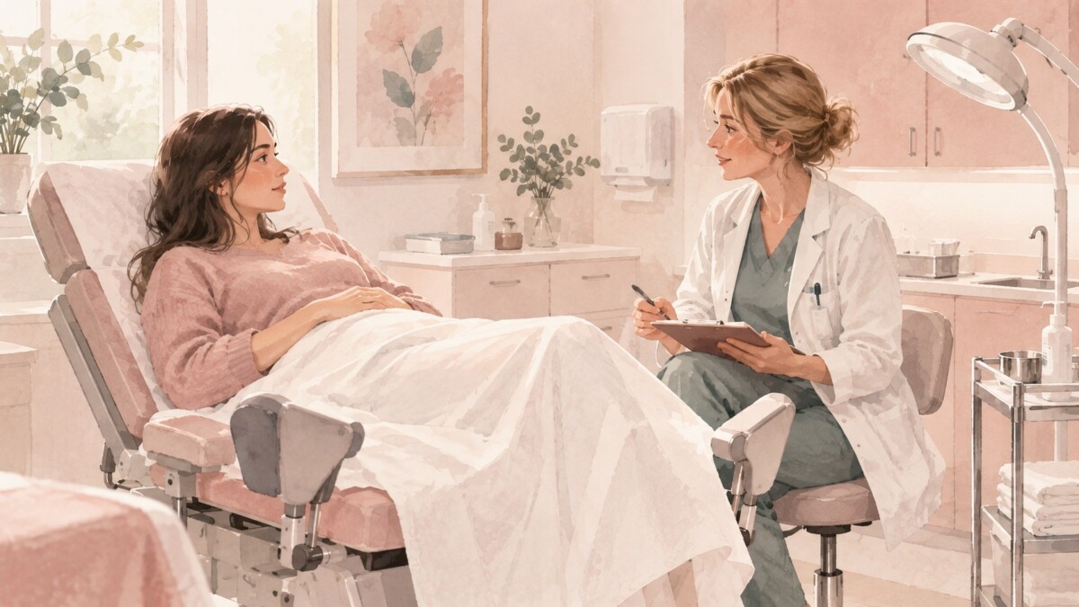 Watercolor illustration of a woman at a postpartum checkup talking with a healthcare professional in a gynecology exam room.