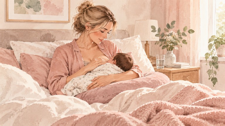 Watercolor illustration of a mother breastfeeding her newborn in bed with a nursing pillow in a warm, softly lit bedroom.