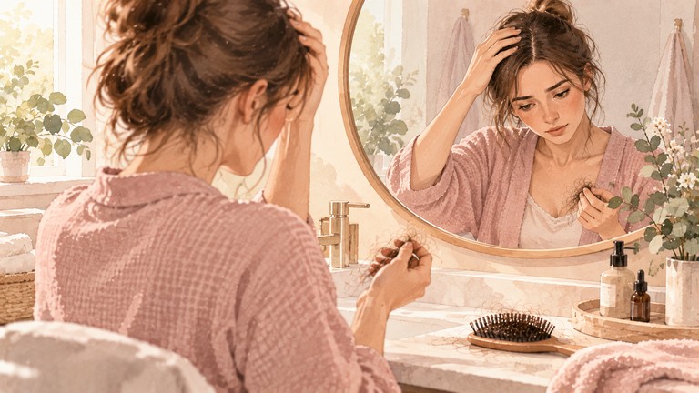 Watercolor illustration of a postpartum woman looking at increased hair shedding while checking her hair in a bathroom mirror.