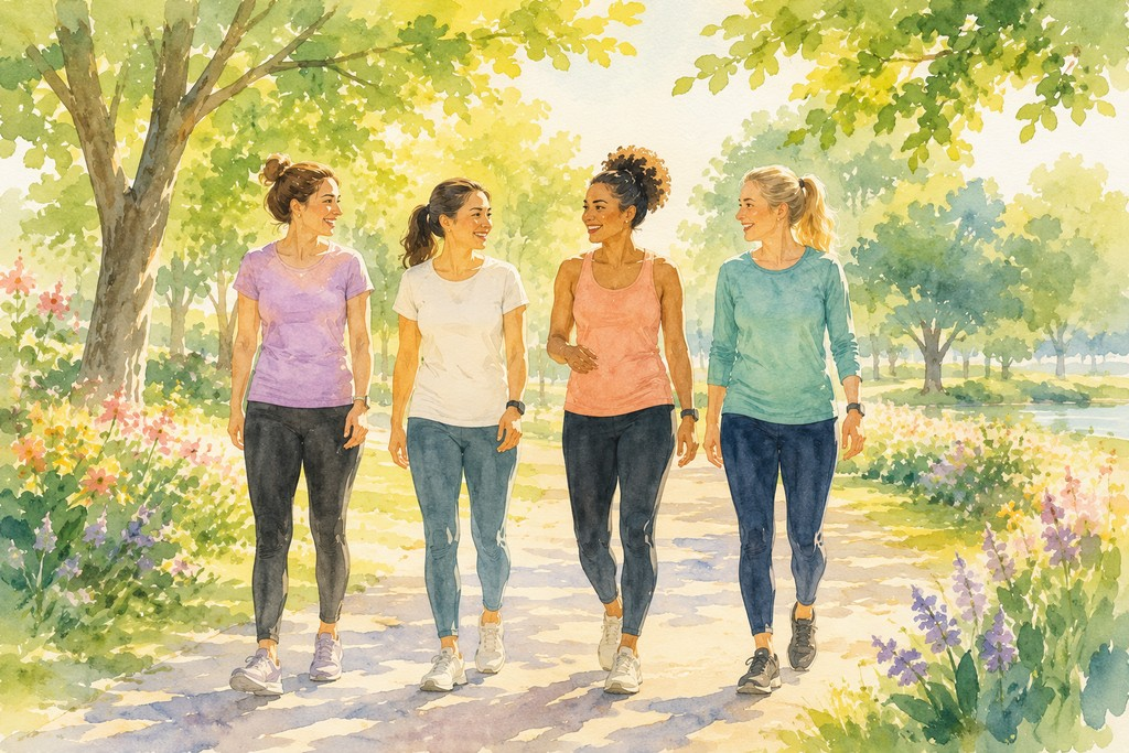 Watercolor illustration of four women walking together and chatting on a sunny park path surrounded by trees and flowers.