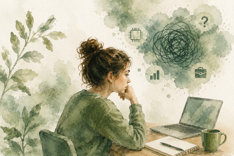 Watercolor illustration of a thoughtful woman sitting at a laptop, surrounded by symbols representing AI, work, uncertainty, and anxious thoughts.