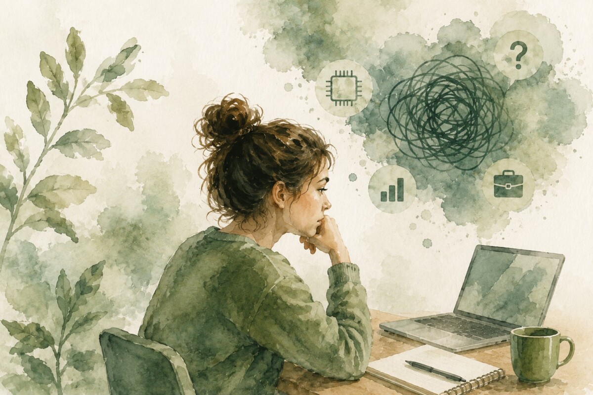 Watercolor illustration of a thoughtful woman sitting at a laptop, surrounded by symbols representing AI, work, uncertainty, and anxious thoughts.