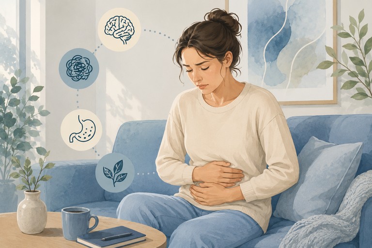 Watercolor illustration of a woman holding her stomach while sitting on a sofa, with symbols representing digestion, stress, and the gut-brain connection.