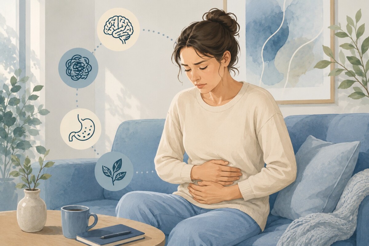 Watercolor illustration of a woman holding her stomach while sitting on a sofa, with symbols representing digestion, stress, and the gut-brain connection.