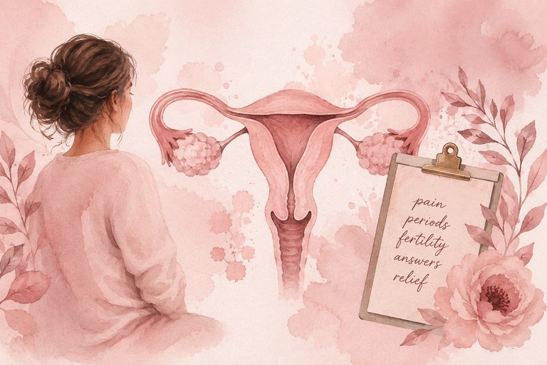 Watercolor illustration of a woman beside a uterus, with soft dusty rose tones and floral details representing endometriosis and women’s health.