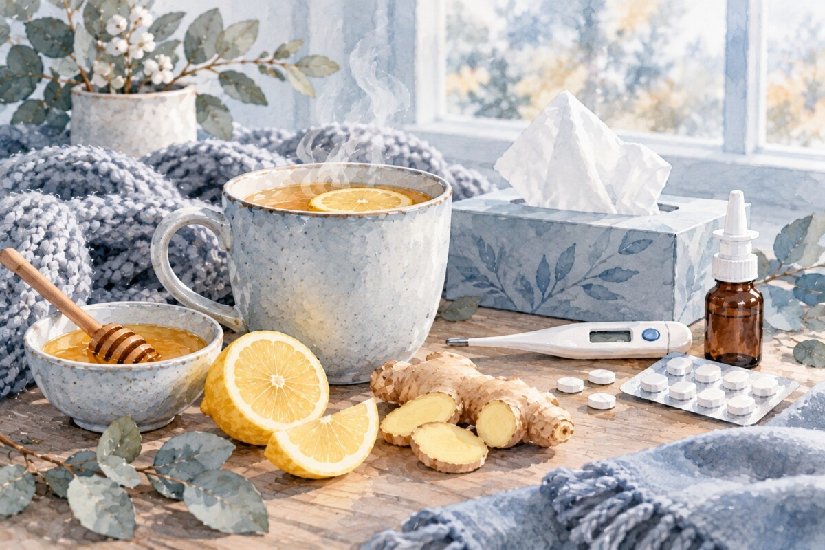 Watercolor illustration of cold and flu care essentials, including warm lemon tea, tissues, a thermometer, nasal spray, and medication.