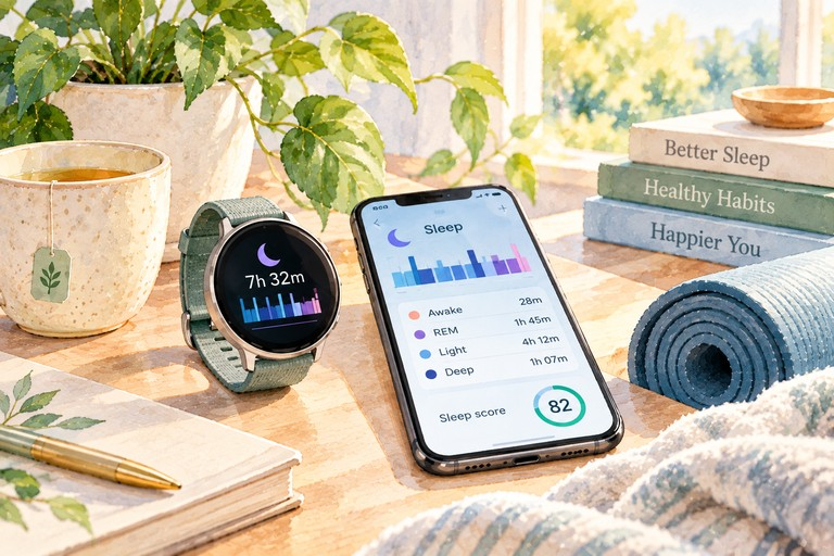 Watercolor illustration of a smartwatch and smartphone displaying sleep tracking data, surrounded by bright wellness essentials in a sunlit room.