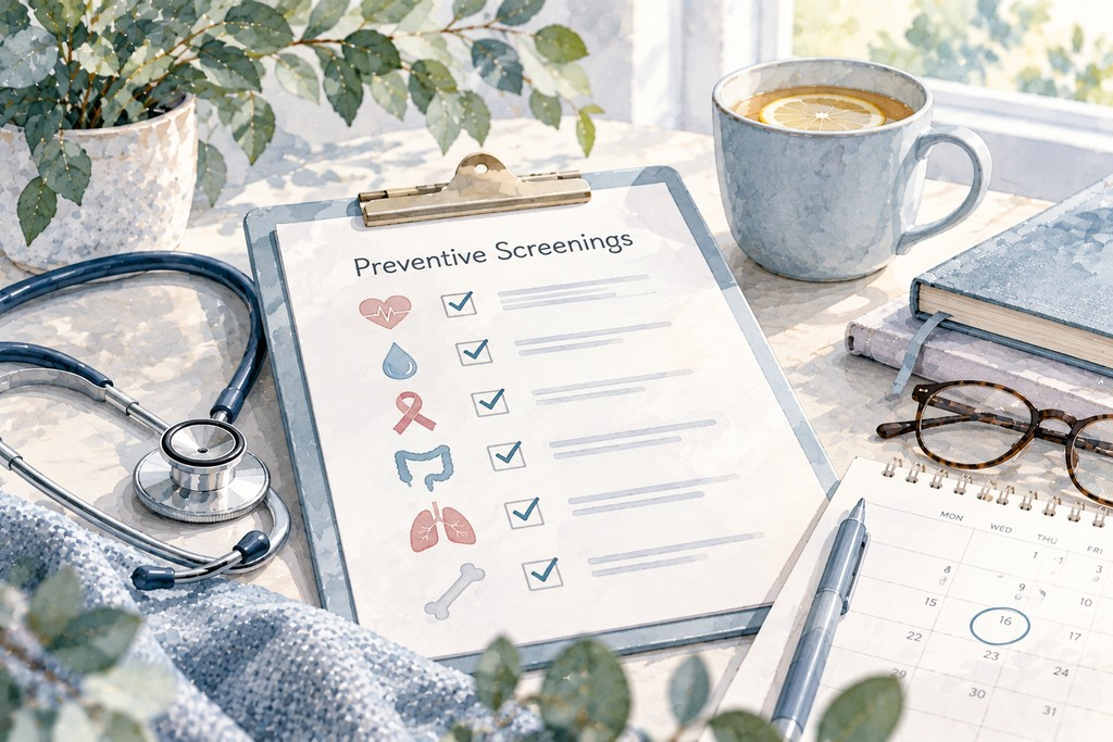 Watercolor illustration of a preventive health screening checklist with a stethoscope, calendar, and medical screening symbols.
