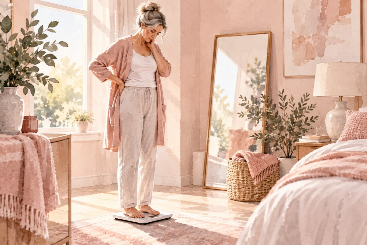 Watercolor illustration of a middle-aged woman standing on a bathroom scale during perimenopause, looking down at her weight.