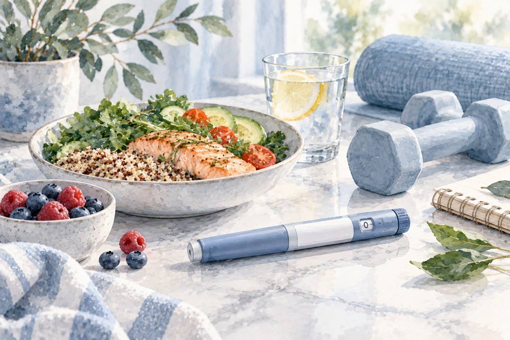 Watercolor illustration of a GLP-1 injection pen beside a balanced meal, water, dumbbells, and exercise equipment.